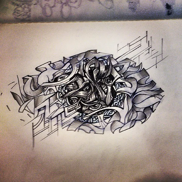 Ink sketch of an abstract psychedelic design with swirling 3D ribbons, geometric lines, and embedded eyes