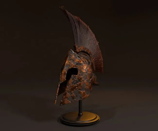 3D render of a weathered bronze Spartan helmet with a tall crest on a display stand
