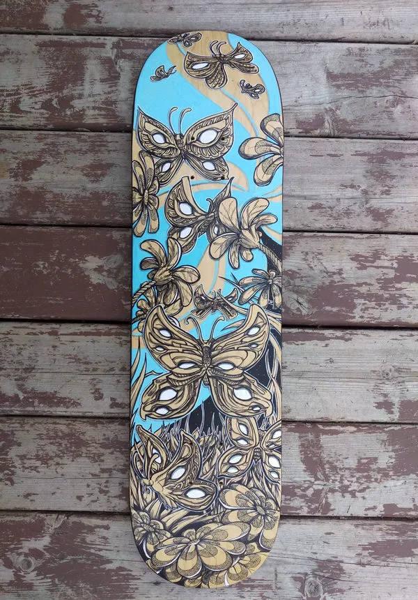 Process shot of work in prgress hand painted floral skateboard graphic