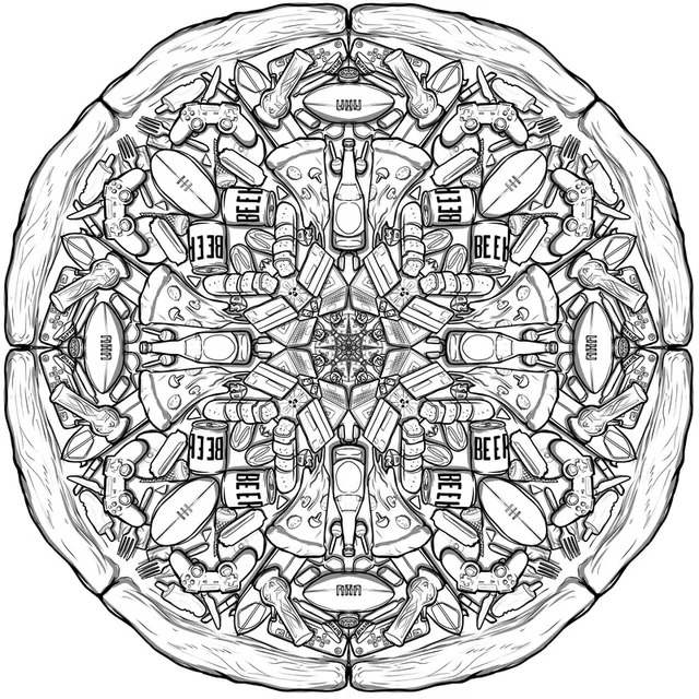 Black and white line drawing of a circular mandala formed by repeating pizza slices, beer cans and game controllers