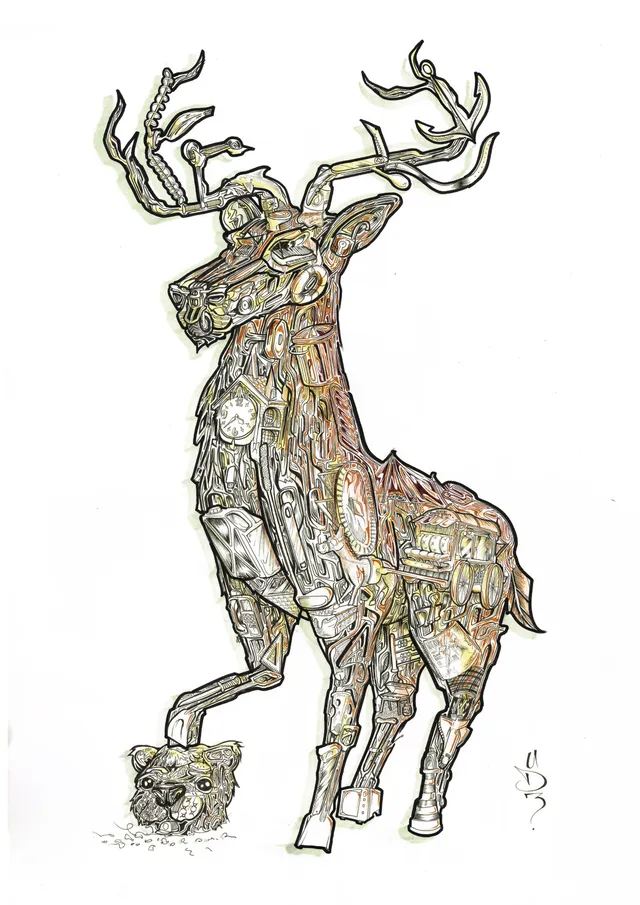 Ink drawing of a mechanical stag built from clocks and gears, resting its front hoof on a small animal head