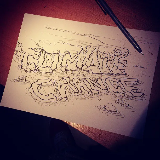 Ink drawing of the words CLIMATE CHANGE shaped like melting icebergs with tiny polar bears