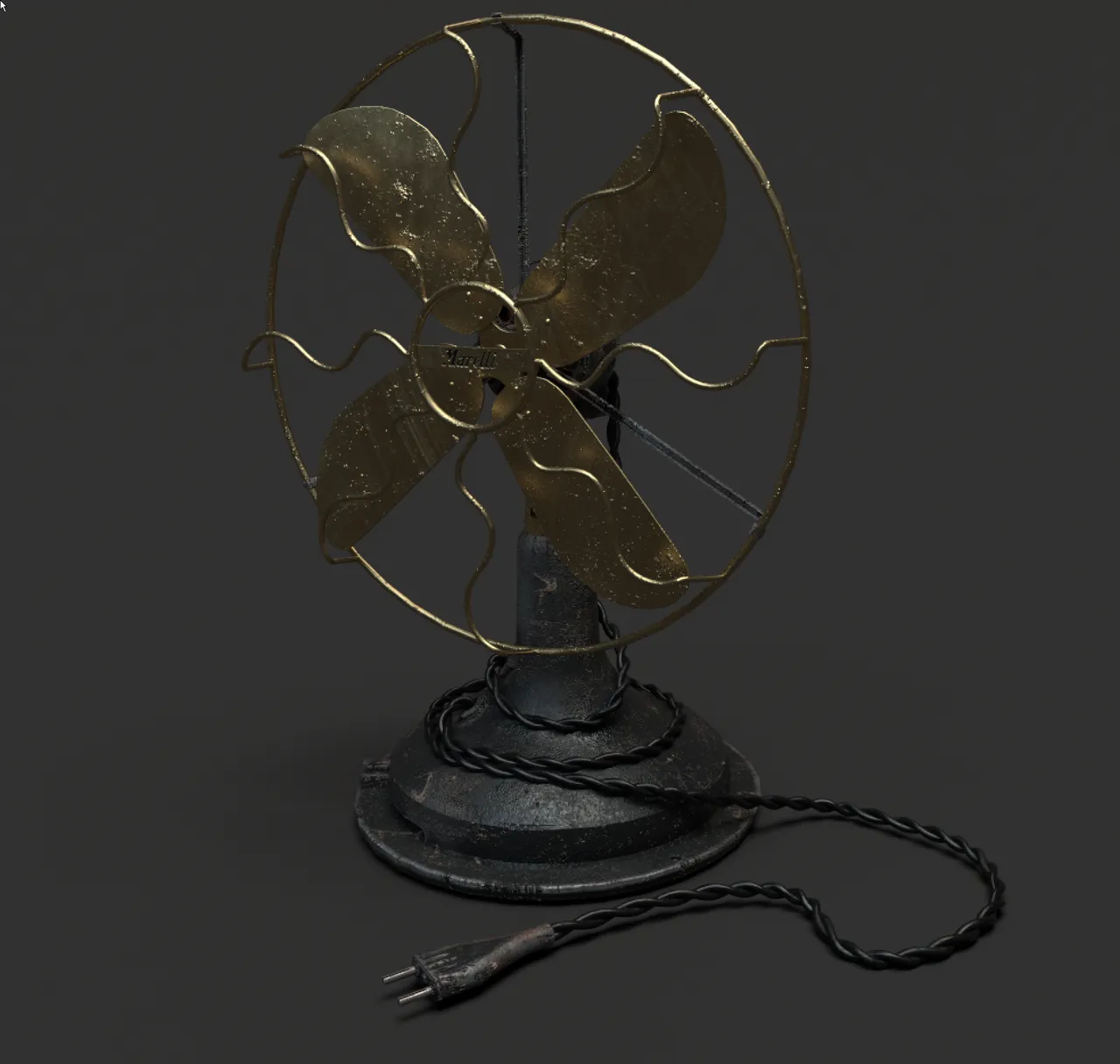 3D render of a vintage desk fan with brass blades, a wire cage, and a dark base with a twisted power cord