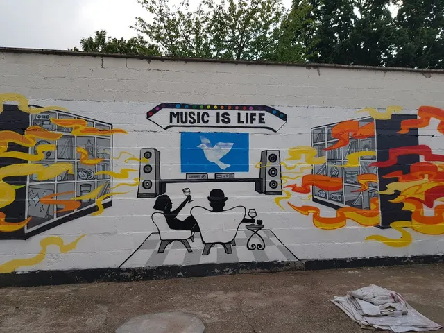 Mural of silhouettes listening to a stereo below a Music Is Life sign, flanked by shelves and fiery orange soundwaves
