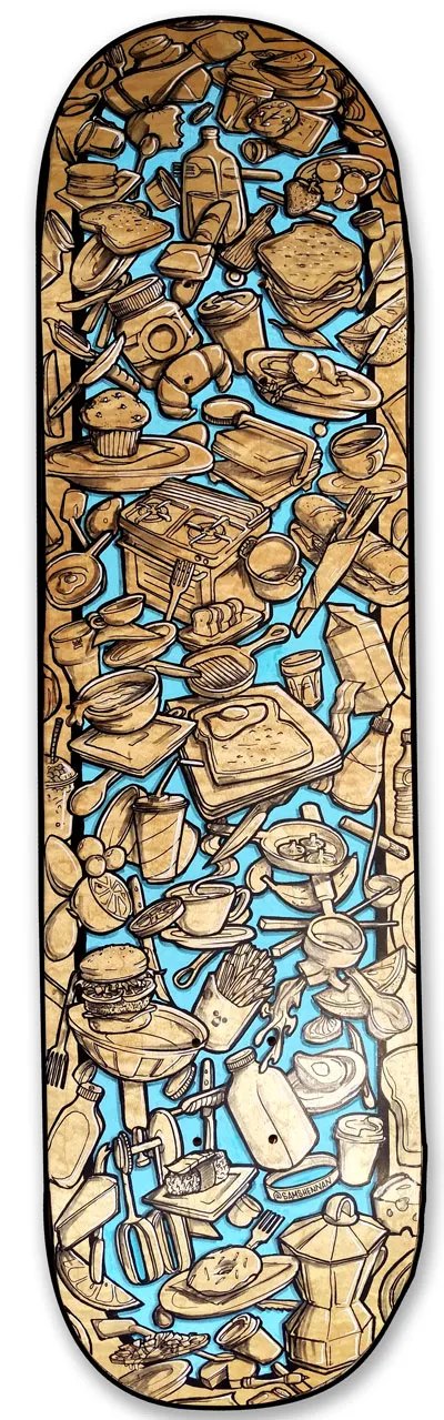 Painted skateboard deck with a dense collage of tan breakfast foods and kitchenware on a light blue background