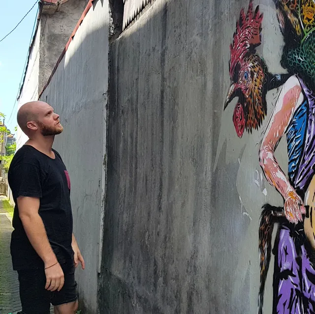 Man looking at a vibrant mural of a rooster-headed human figure painted on a concrete alleyway wall