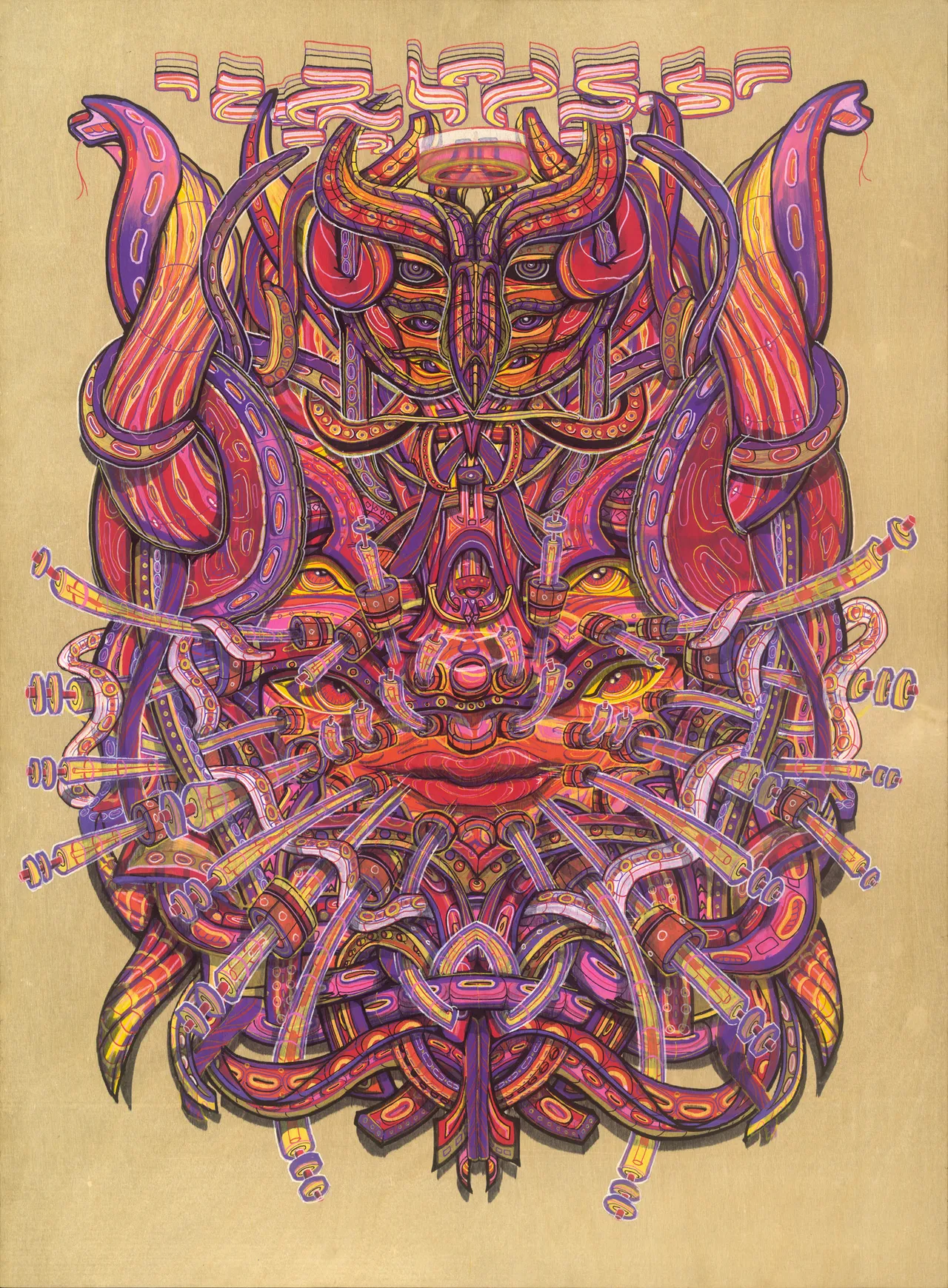 Psychedelic illustration of a symmetrical, multi-eyed face intertwined with tentacles and tubes in purple and pink