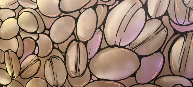 Graphic illustration of tightly packed coffee beans with bold black outlines and smooth shading