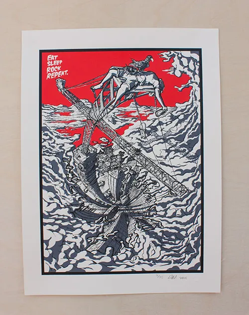 Art print of a distorted cityscape and crane with a draped figure, reading EAT SLEEP ROCK REPEAT against a red sky