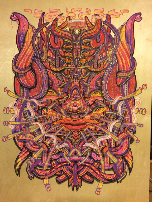 Detailed psychedelic illustration of a symmetrical, multi-eyed totemic face interwoven with tentacles and tubes