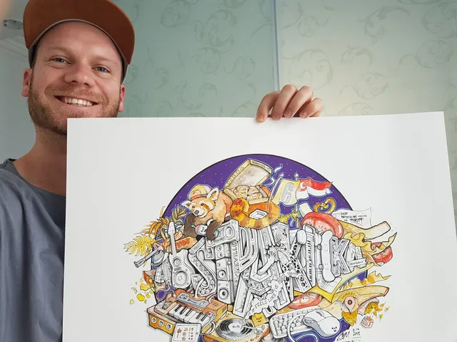 Man holding a colorful ink illustration featuring 3D block letters, a red panda, pizza, and musical instruments