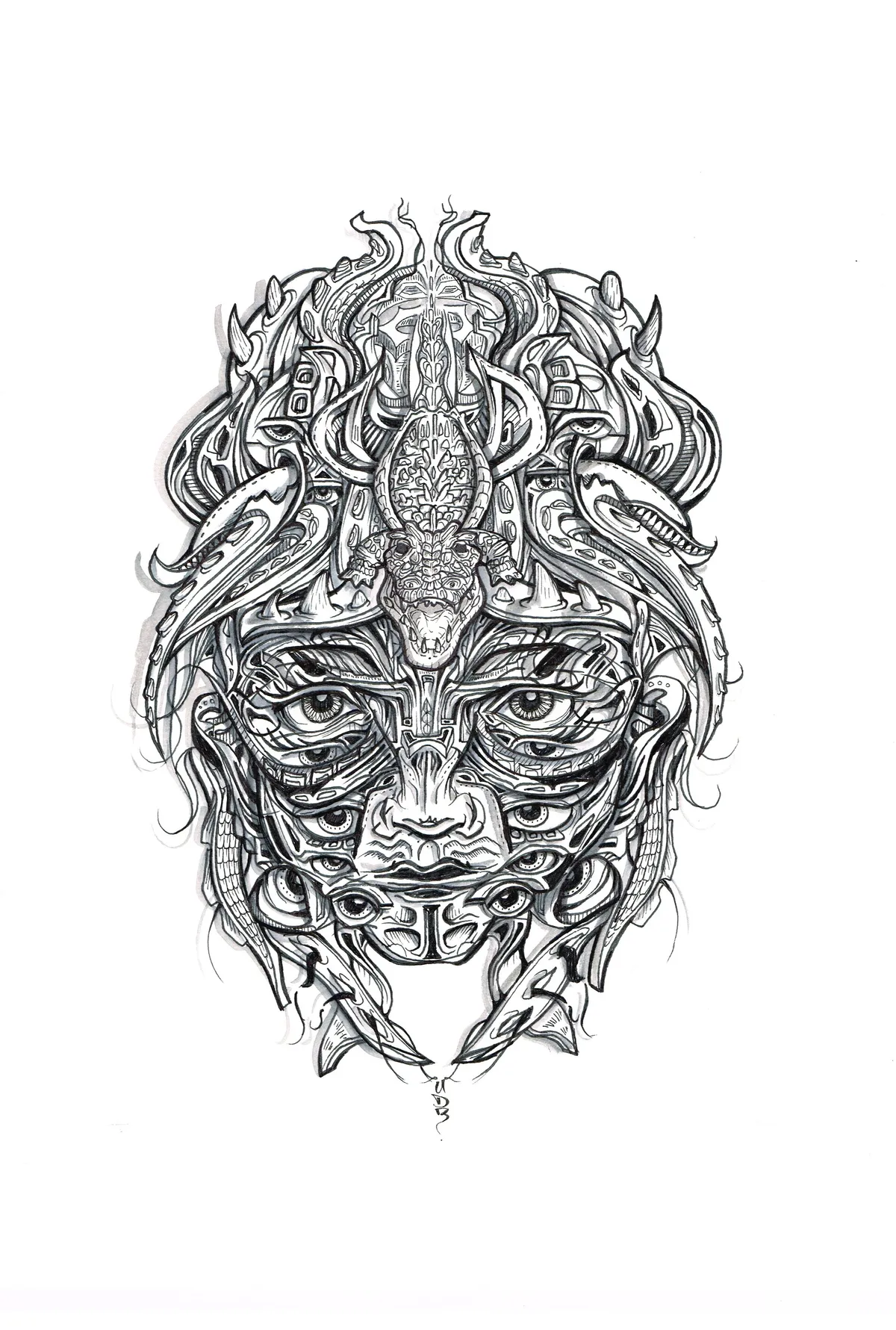 Black and white ink drawing of a symmetrical, psychedelic multi-eyed face wearing a totemic lizard headdress