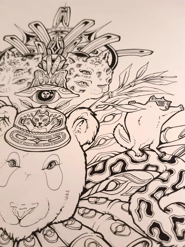 Detailed black ink drawing of a panda shaman with an ornate hat, a large eye, and multi-eyed leopard heads