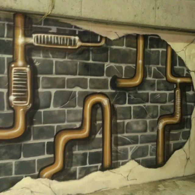 3D illusion mural of a broken wall revealing dark brickwork and shiny copper pipes