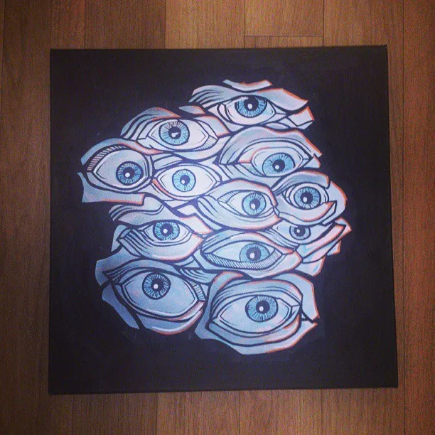 Square canvas painting of a dense cluster of stylized blue eyes with bold outlines on a black background