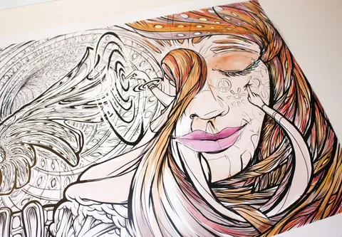 Partially colored poster illustration of a woman with closed eyes, flowing hair, and tiny hands drawing on her face