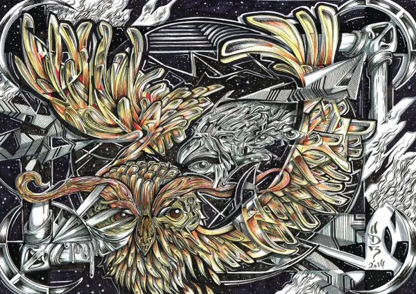 Psychedelic ink drawing of an owl and eagle head with stylized wings against a starry black background
