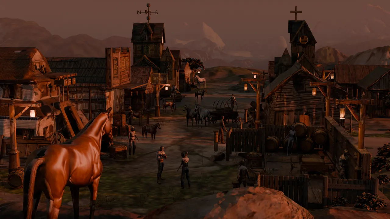 3D render of a Wild West town at dusk with a horse in the foreground looking toward wooden buildings and figures
