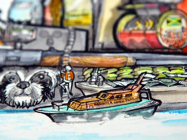 Ink illustration of a figure on a ladder boarding a Harwich Haven pilot boat beside a giant dog face