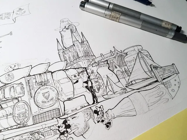 Detailed ink drawing of a dense collage featuring a medal, boats, buildings, and pop culture icons, with pens visible