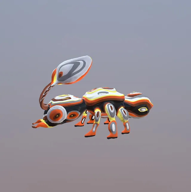 3D render of an ant covered in psychedelic orange, black, white, and yellow patterns with a leaf-like appendage