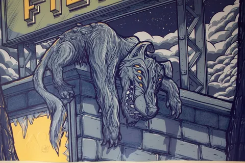 Poster illustration of a multi-eyed, spiky wolf slouching over a brick wall against a night sky