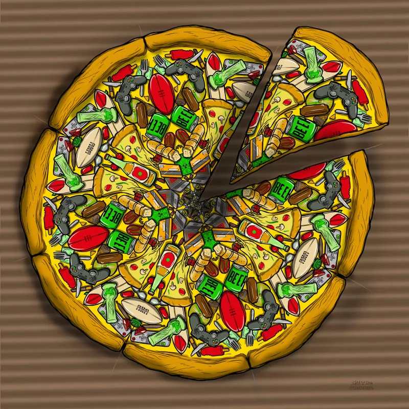 ), beer cans (green, say BEER), footballs (red and brown), bongs (green glass), remotes, hot dogs, smaller pizza slices
