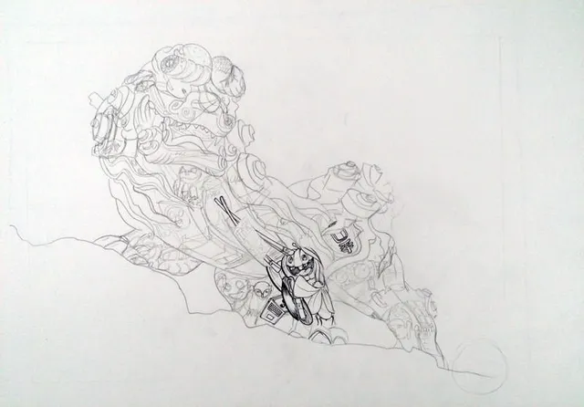 Early pencil sketch of Kominaku or chinese dragon commissioned drawing
