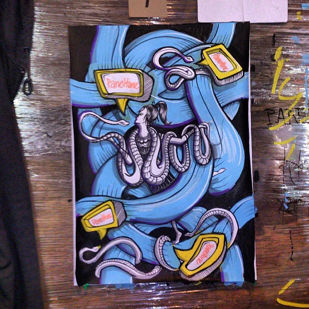 Illustration of a woman intertwined with snakes and thick blue ribbons alongside yellow speech bubbles