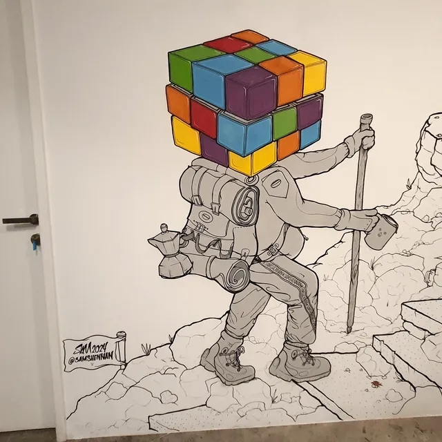 Mural of a line art hiker with a colourful puzzle cube head, carrying a backpack and walking stick