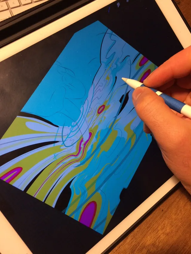 Hand drawing a vibrant, flowing psychedelic digital illustration on a tablet with a stylus