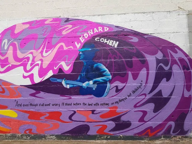 Psychedelic purple and pink mural of a blue Leonard Cohen playing guitar with Hallelujah lyrics