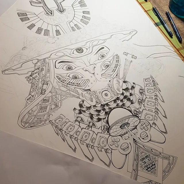 Ink drawing of a surreal, multi-eyed totemic face composed of speakers, keyboards and game controllers