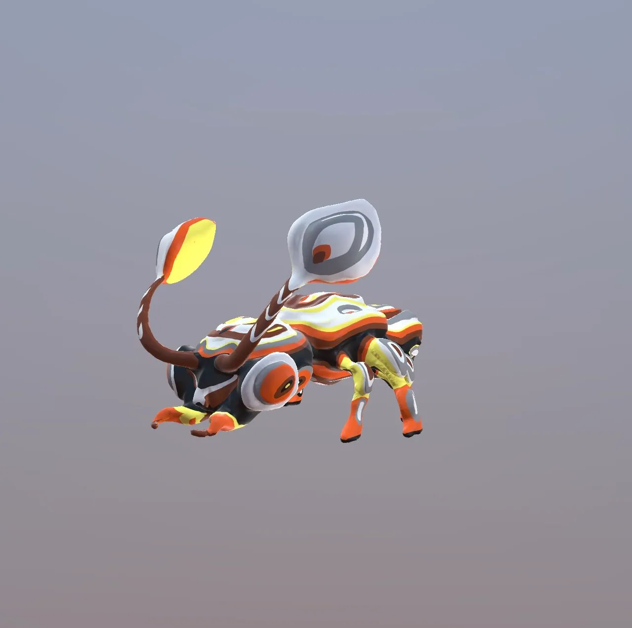 3D render of a stylized horned beetle featuring psychedelic orange, white, black, and yellow patterns