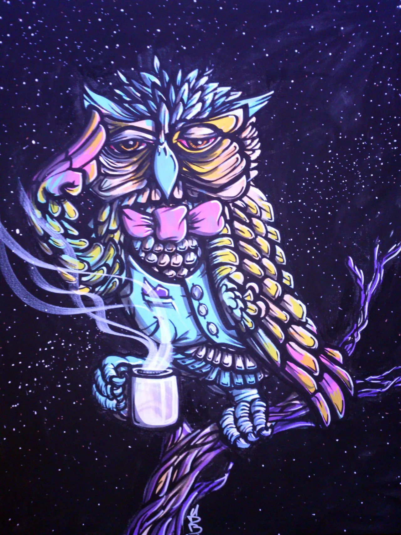 Psychedelic illustration of a saluting owl wearing a pink bow tie and vest, holding a steaming mug in space
