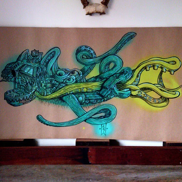 Illustration on brown paper of a biomechanical wolf head morphing into swirling teal and yellow tentacles