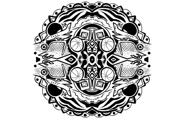 Black and white symmetrical mandala illustration featuring basketballs, soccer nets, and airplanes
