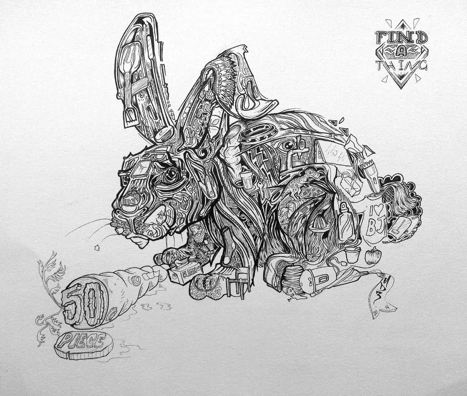 Intricate black and white ink drawing of a surreal rabbit formed from objects, with "50 PIECE" lettering