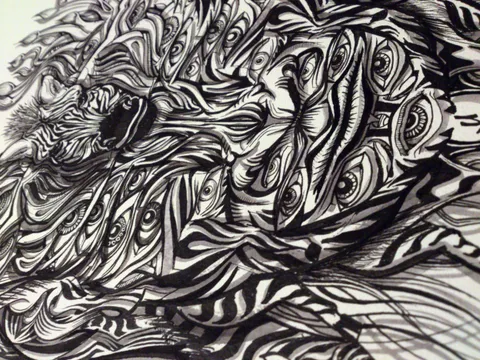 Close-up black and white ink drawing of a psychedelic zebra mask with flowing striped patterns and multiple eyes