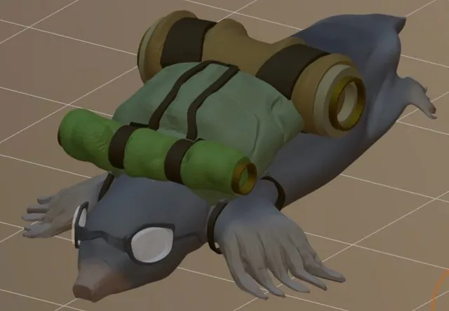 3D model of a mole wearing goggles and a green backpack loaded with rolled camping gear