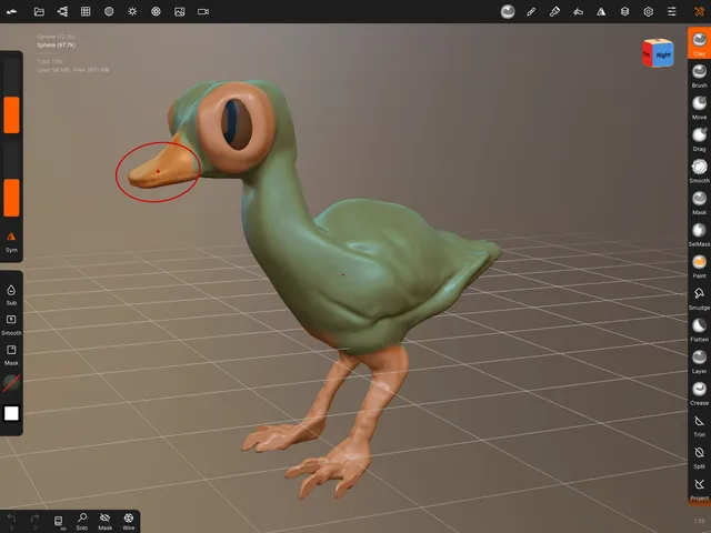 3D sculpt of a stylized green bird with large eyes and an orange beak shown in a digital sculpting interface