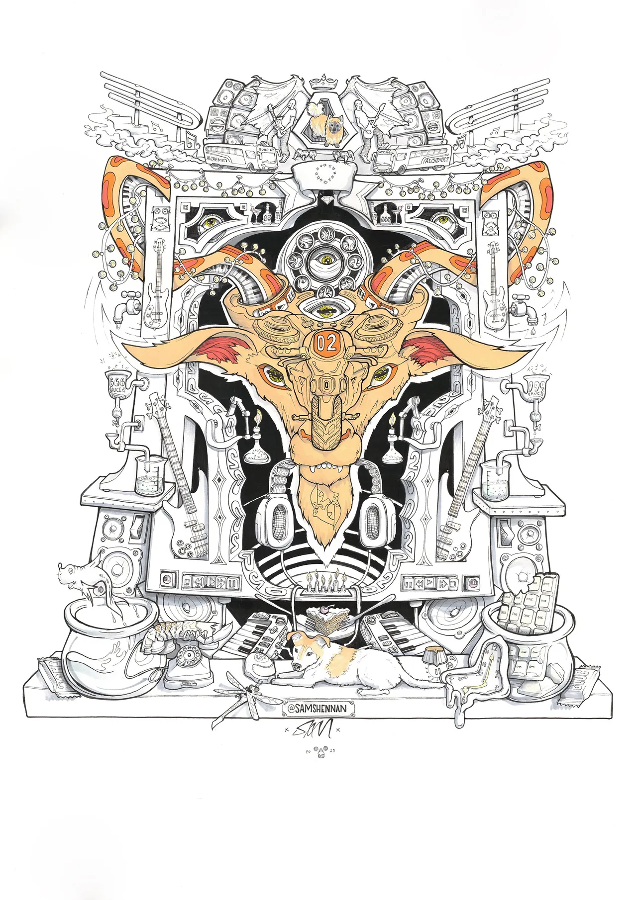 Psychedelic ink drawing of a symmetrical mechanical goat head amid guitars, speakers and a dog