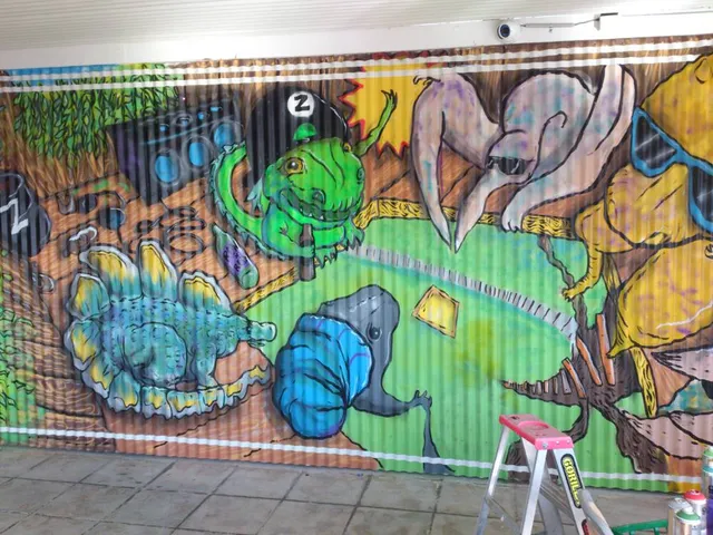 Mural on corrugated metal depicting cartoon dinosaurs partying with drinks and a boombox