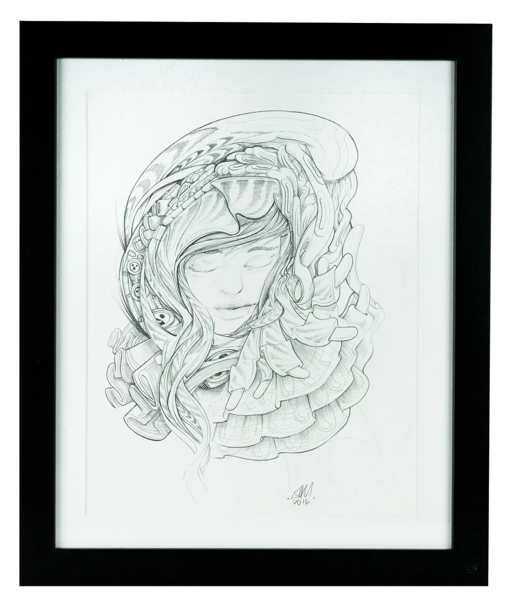 Framed pencil drawing of a woman's face with closed eyes enveloped by surreal flowing shapes and a large eye motif