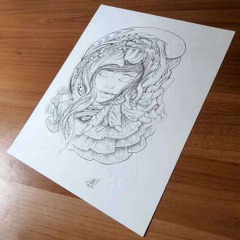Pencil drawing on paper of a surreal face with closed eyes enveloped in an intricate, flowing psychedelic hood