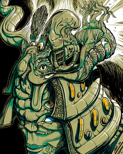 Psychedelic illustration of a mutated totemic figure with multiple stacked eyes and green biomechanical armor