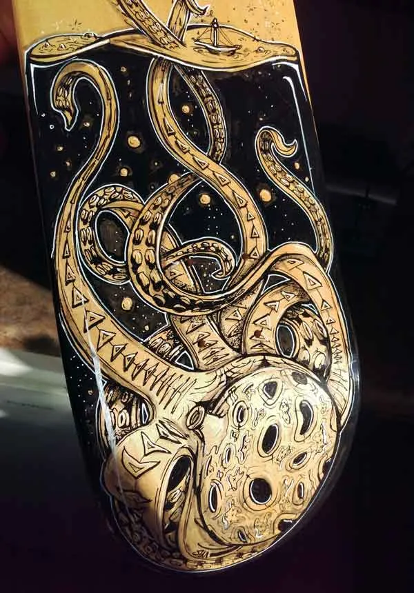 Details of handpainted octopus skateboard