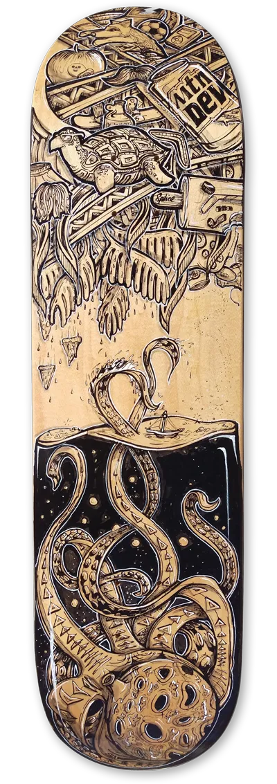 Painted skateboard featuring a black ink collage of a turtle and scattered objects above an octopus enclosed in a jar