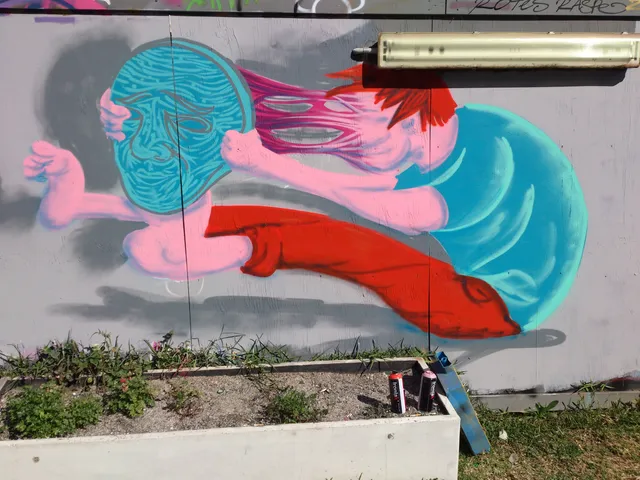 Mural of a pink figure pulling a blue mask away from its head, the flesh stretching between them