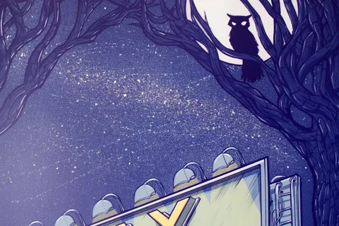 Illustration of an owl silhouetted in gnarled branches against a moon and starry sky above a lit billboard